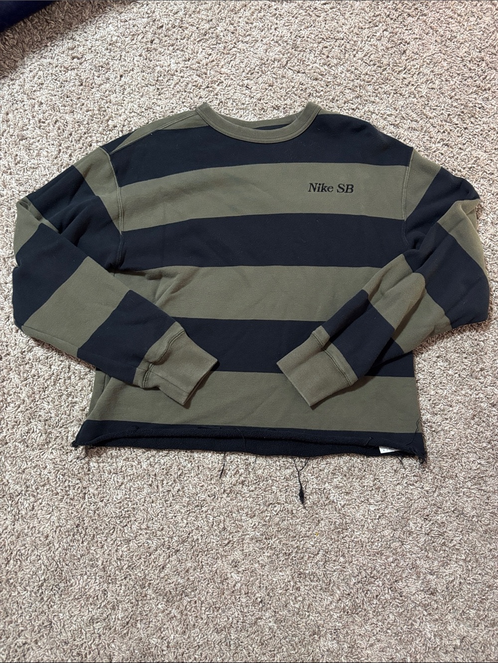Nike Cropped Olive Green & Black Striped Crewneck Sweatshirt